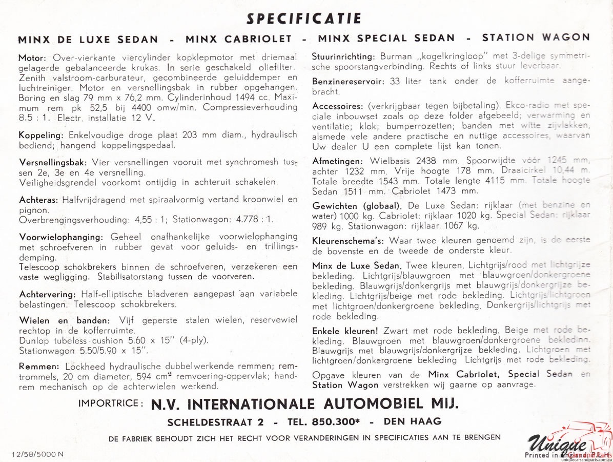 1958 Hillman Minx (Netherlands) Brochure Page 1